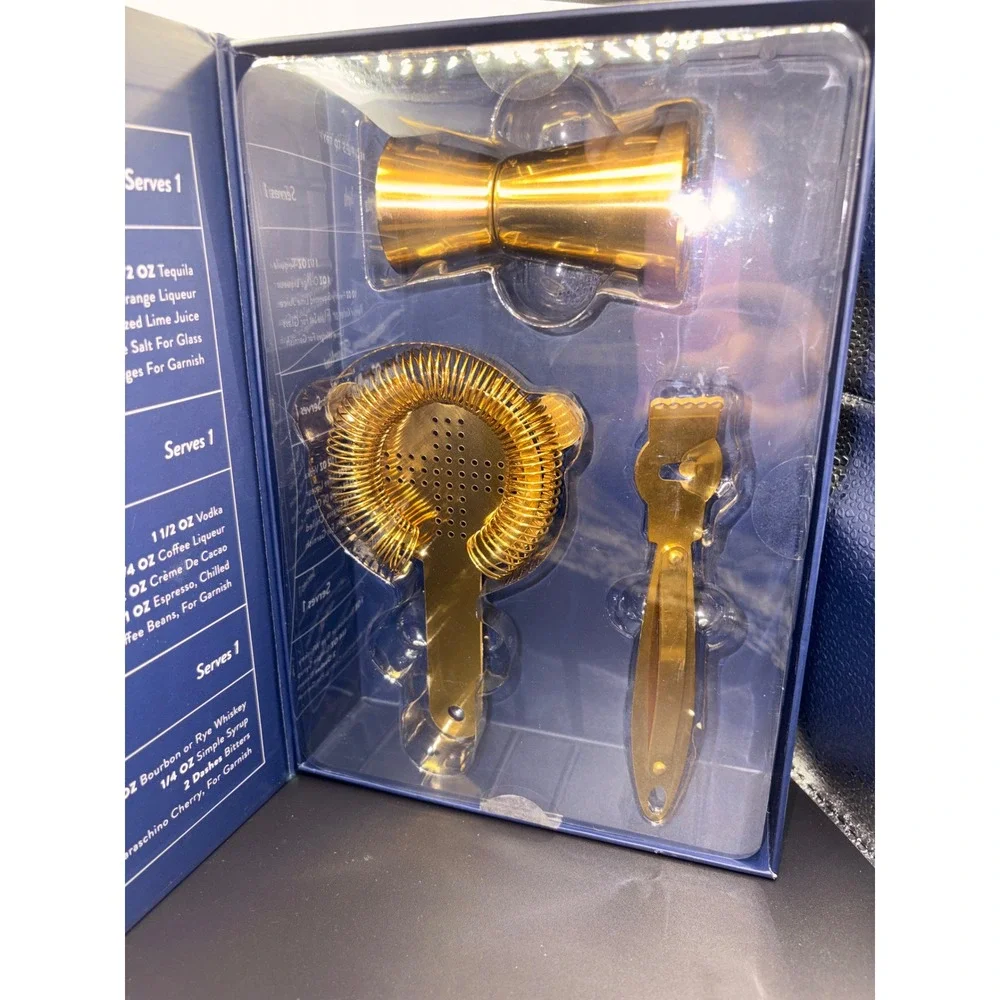 Essential Cocktail Tools Set Gold Jigger Strainer Zester Mixology Gift Set New